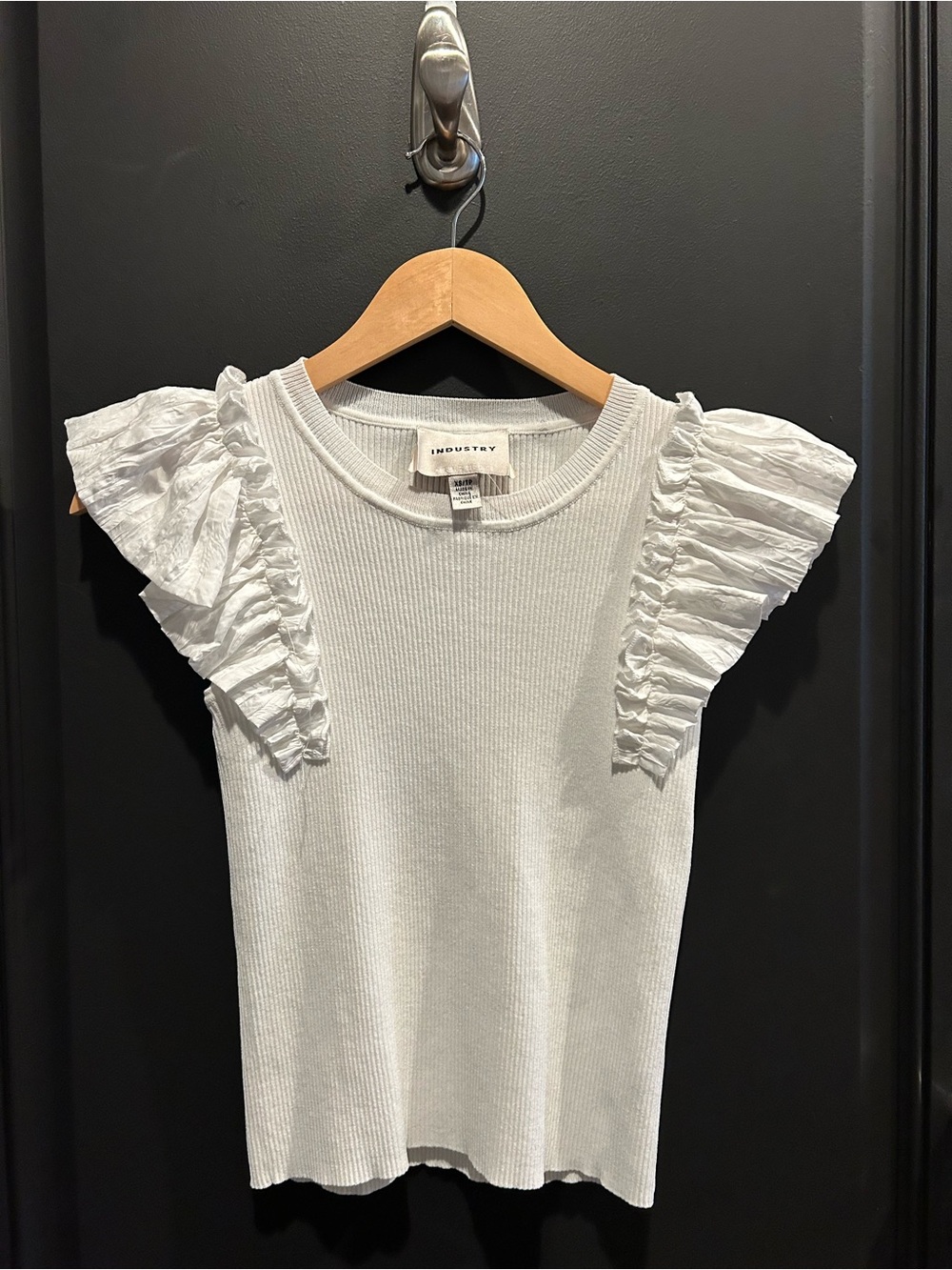 INDUSTRY White Ribbed Knit Top with Ruffled Cap Detail